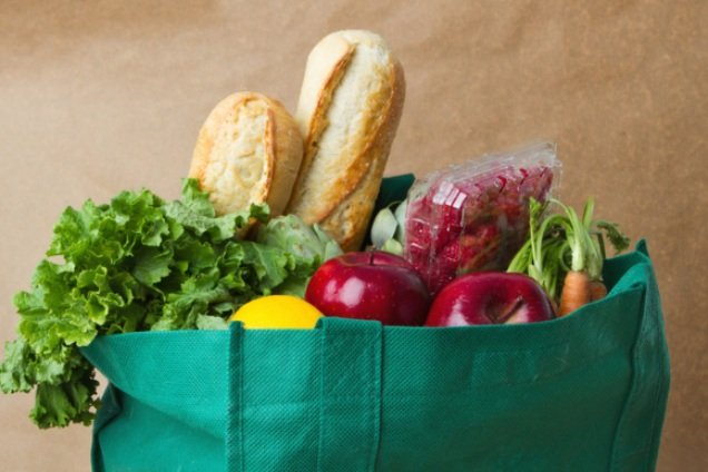 grocery bags filled with healthy foods